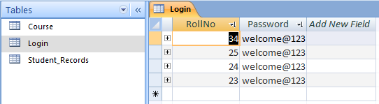 Login Table in Design View