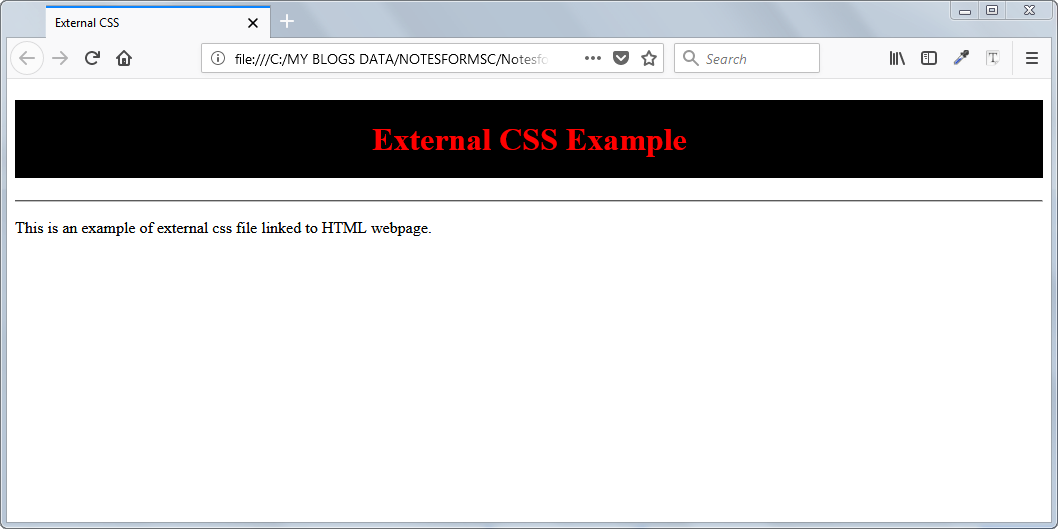 Result of external CSS applied to HTML page.