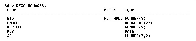 Figure 7: DESC <table_name> display the table schema