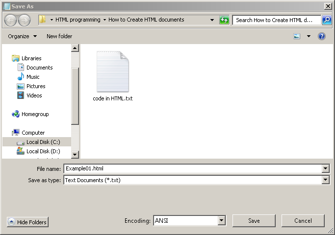 Save the text file as example01.html file