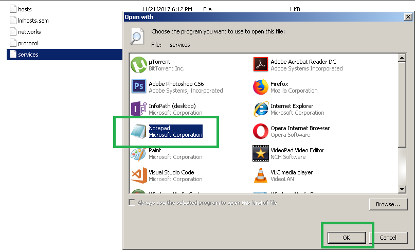 Open Services file with Notepad