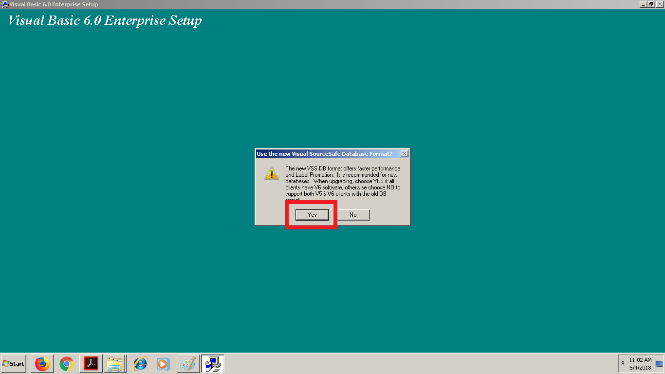Click YES for Source Safe Database Format