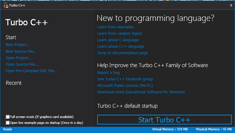 Turbo C++ Initial Screen