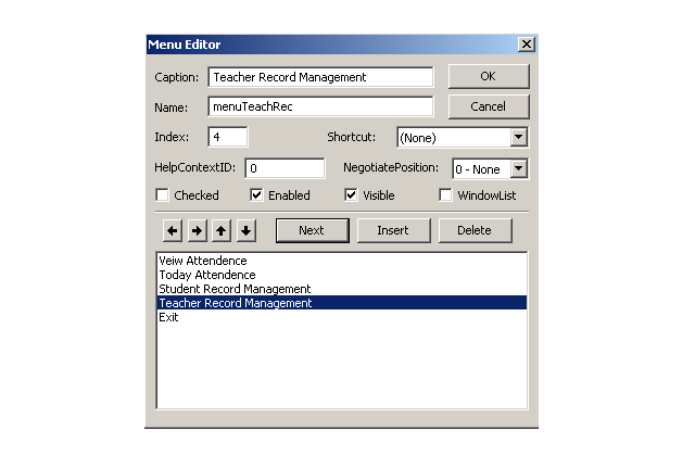 Teacher Record Management menu