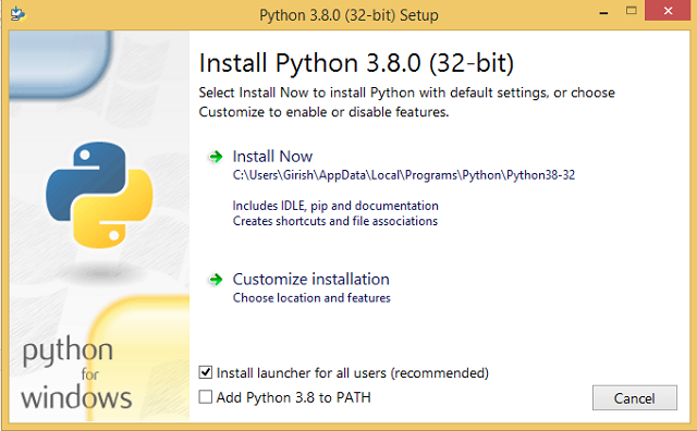 Install Python with default settings