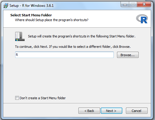 Click Next to continue if you want R in start menu
