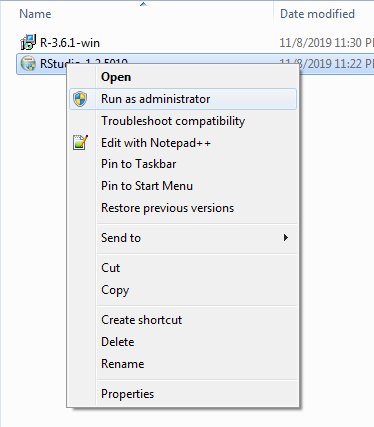 Start the installation by right-clicking the setup for RStudio