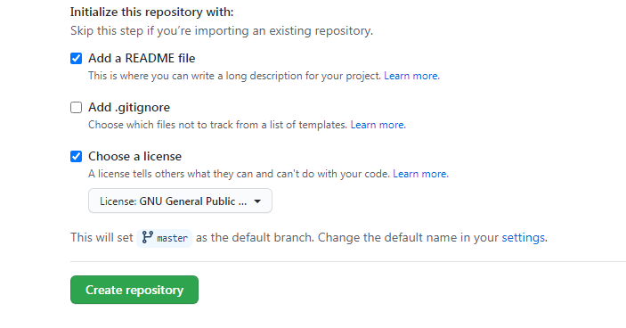 Figure 3 - Choose the licence and README file and Create repository