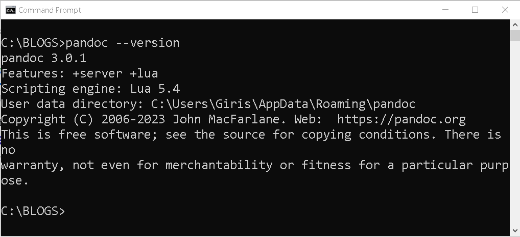 Figure 3 - Pandoc Version information to test if it is working.