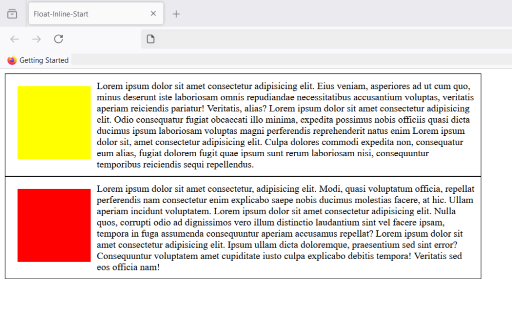 Figure 4: The output for both container is identical , but red box is float : left and yellow box is float:inline-start.