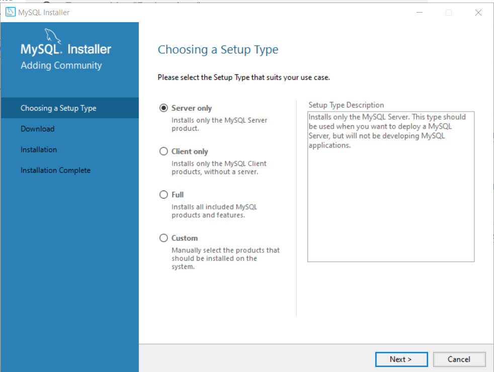 Figure 3 - MySQL Installer setup window, choose "Server only"
